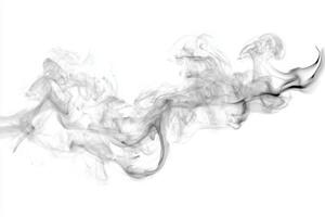 Swirling smoke forms dynamic shapes against a plain white background, showcasing fluid movement and artistry. The ethereal wisps blend seamlessly, offering an abstract visual appeal. photo