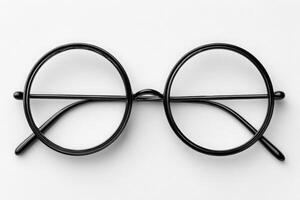 A pair of round black eyeglasses rests flat on a white background. The simple design features a thin wire frame and clear lenses. Ideal for those needing vision correction or as a fashion statement. photo