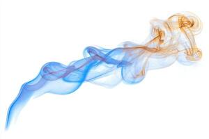 Delicate swirls of blue and brown smoke rise and intertwine in an elegant display, contrasting against a white background. photo