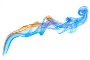 Wisps of blue and orange smoke flow elegantly against a white background, creating a mesmerizing abstract design that captures movement and fluidity in a captivating manner. photo