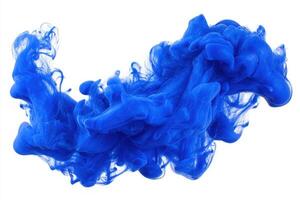 A striking array of bright blue ink swirls and flows gracefully, forming intricate shapes. The vivid hues contrast against a clean white background, showcasing movement and fluidity. photo