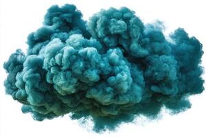 A rich dark teal smoke cloud billows and swirls, creating dynamic shapes against a clean white background. The ethereal formation adds an element of mystery and depth to the scene. photo