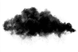 A dense black smoke cloud swirls and disperses, creating dramatic contrasts on a white background. The wispy texture varies, suggesting movement and depth, ideal for visual design. photo