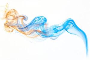 Delicate tendrils of blue and orange smoke dance gracefully against a white background, creating mesmerizing patterns. The mix of colors adds a vibrant touch to the ethereal movement of the smoke. photo
