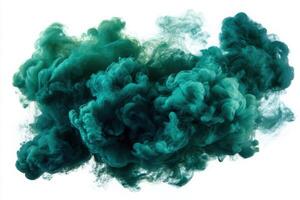 Dark teal smoke billows gracefully, forming abstract shapes and patterns against a stark white background. The swirling motion creates a mesmerizing display of color and fluidity. photo