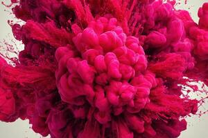 A burst of bright pink ink disperses dramatically in water, creating swirling patterns and dynamic shapes. The vibrant colors mix and flow gracefully, showcasing unique textures and intensity. photo