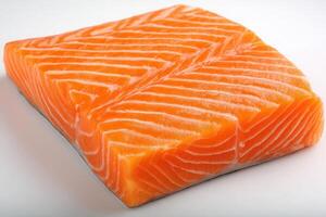 Fresh salmon fillet showcases vibrant orange color and elegant marbling. The texture reveals parallel lines, highlighting its quality. Ideal for culinary preparations or food presentation. photo