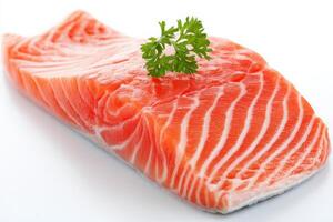 Bright orange salmon fillet rests on a smooth white surface, topped with a small sprig of fresh parsley. The texture highlights its freshness and quality, making it ideal for culinary use. photo