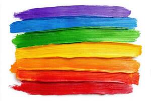 Bright stripes of paint in rainbow colors are arranged horizontally, showcasing vibrant shades of purple, blue, green, yellow, orange, and red. The rich texture adds depth to the artwork. photo