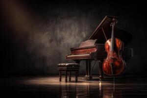A grand piano sits beside a beautiful cello, both illuminated by a warm glow in a dimly lit space. The polished wood reflects light, creating a serene ambiance perfect for music. photo
