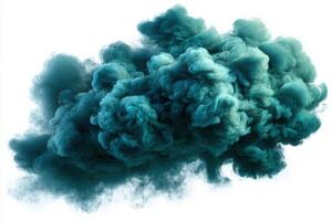A vibrant teal smoke cloud billows gracefully, creating an abstract and captivating display. The soft shapes and movement evoke a sense of mystery and creativity, perfect for artistic inspiration. photo
