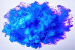 A vibrant swirl of blue and purple smoke forms an intriguing cloud in a bright setting. The colors blend gracefully, creating a beautiful abstract composition full of movement. photo