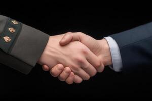 Two hands meet in a firm handshake, one dressed in a military uniform and the other in a business suit. This gesture signifies unity and cooperation in a formal setting. photo