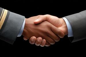 Two individuals shake hands, showcasing unity and collaboration. One person is in a formal suit while the other wears a uniform, indicating a partnership or agreement. photo
