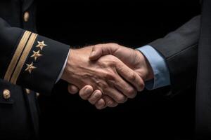 A military officer and a civilian engage in a handshake, symbolizing respect and cooperation. The setting is formal, highlighting the unity between military and civilian sectors. photo