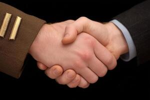 Two hands engaged in a handshake, one clad in military attire and the other in a formal suit, symbolizing cooperation and mutual respect during a significant moment. photo