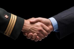 A military officer in uniform and a businessman wearing a suit shake hands firmly, symbolizing collaboration and mutual respect. photo