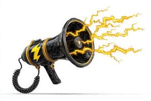 A unique megaphone features a glossy black exterior with vibrant yellow lightning designs emanating from its speaker. This artistic piece symbolizes powerful communication and energy. photo
