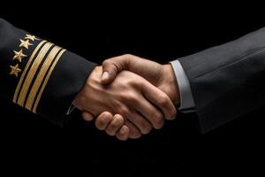 Two hands clasp in a firm handshake, one wearing a military uniform with insignia, the other in a formal suit. This moment represents unity and collaboration between different sectors. photo