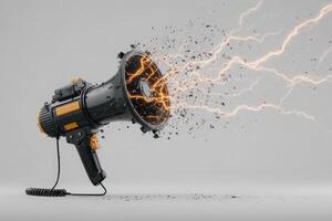 A megaphone stands prominently against a neutral background, emitting vivid lightning bolts and sound waves, creating a striking visual impact. photo