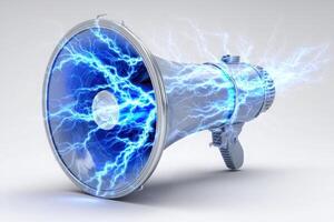 A megaphone displays vibrant blue lightning bolts around its speaker area, symbolizing powerful sound and energy. This striking visual conveys a sense of urgency and excitement. photo