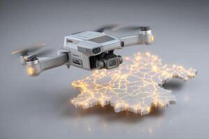A drone equipped with a dual camera system hovers above a stylized map surface displaying intricate terrain features. The scene highlights the merging of technology and mapping. photo