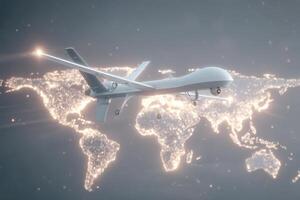 A sleek drone hovers above a glowing world map, symbolizing advancements in aerial technology. The scene highlights the integration of drones in global surveillance and communication systems. photo