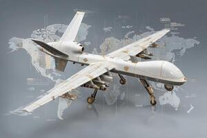 A highly detailed drone model is showcased against a digital world map backdrop. The aircraft features intricate designs and appears to be part of a modern technology exhibition. photo