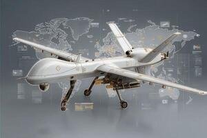 A sleek, modern drone is prominently featured against a world map background. Its intricate design highlights advanced technology, symbolizing its role in surveillance and data analysis. photo
