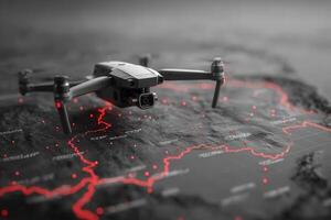 A drone hovers above a detailed map with geographical outlines. The red highlights indicate significant paths and features across the terrain, showcasing advanced technology in navigation. photo