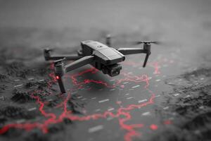 A drone is positioned above a map showcasing intricate terrain details and highlighted borders. The image emphasizes the relationship between technology and geographical exploration. photo