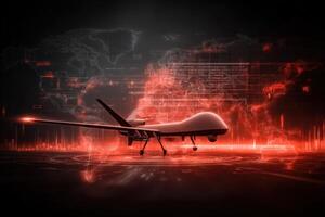 A sleek drone is showcased against a backdrop of red digital graphics representing a global network. The focus highlights innovation in aerial surveillance and technology developments. photo