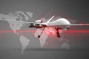 A military drone is displayed against a backdrop of a world map, illuminated by red targeting indicators. This highlights advancements in drone technology and its global implications for security. photo