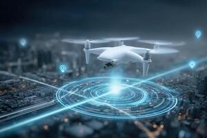 A drone hovers above a city at night, displaying digital maps and location markers. The urban landscape is illuminated, highlighting technological advancements in navigation and urban planning. photo
