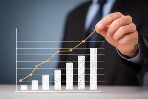 A businessman in a suit points at a chart showing increasing growth. The graph displays bars along with a line trend, indicating a positive performance in a professional setting. photo