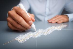 A person is illustrating a financial growth chart with a white marker on a gray surface. The hand shows determination and focus as lines rise upward. This setting suggests analysis or strategizing. photo