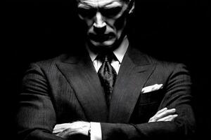 A well-dressed man stands with arms crossed, exuding confidence. He wears a sharp suit and tie, his serious expression set against a stark black background. The focus is on his posture and demeanor. photo