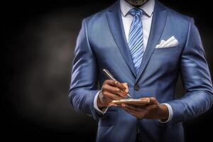A man in a tailored blue suit stands against a dim background, writing in a notepad with a pen. His stylish appearance is complemented by a blue tie and a white pocket square. photo