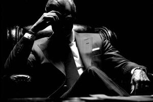 A well-dressed businessman sits in a dark leather chair, leaning forward thoughtfully with his hand on his forehead. The lighting creates a dramatic, intense mood in the room. photo