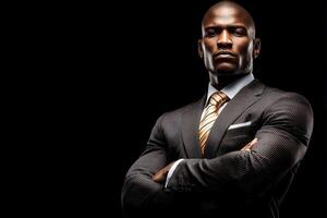 A well-built man stands confidently with his arms crossed, dressed in a stylish suit and tie. His expression is serious, and he exudes a sense of power and professionalism in a dimly lit setting. photo