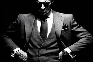 A distinguished man in a perfectly tailored suit stands with his hands on his hips, projecting an air of confidence and sophistication. photo
