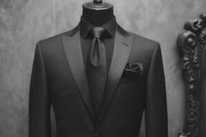 A stylish black suit and tie are elegantly showcased on a mannequin in a tailor shop. The sophisticated attire highlights meticulous craftsmanship, set against a textured background. photo