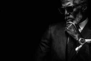 A man stands confidently in a dark environment, showcasing a tailored suit and sunglasses. His thoughtful pose highlights a stylish wristwatch and conveys an air of sophistication. photo