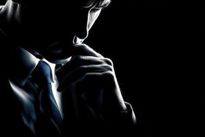 A man dressed in a suit appears deep in thought, with his head bowed and hand resting on his chin. The strong contrast of light and shadow creates a dramatic atmosphere, emphasizing his introspection. photo