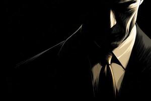 A man dressed in a formal suit stands in shadow, creating a powerful sense of mystery. His facial features are obscured, highlighting the contrast between light and dark for dramatic effect. photo