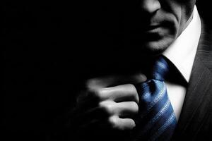 A businessman in a formal suit is adjusting his blue tie while partially obscured by shadows. The setting has a dramatic feel, possibly taken in the evening or low light. photo