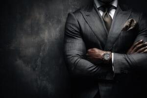 A well-dressed man stands with arms crossed, showcasing a tailored suit, elegant watch, and confident demeanor. The dark background emphasizes his serious expression and sophisticated style. photo