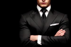 A well-dressed man stands confidently with his arms crossed, showcasing a sharp black suit and tie. The dark background emphasizes his elegant appearance and serious demeanor. photo