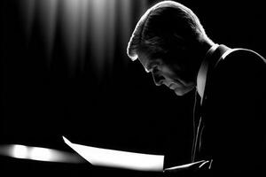 A man is focused on reading a sheet of paper, illuminated by soft lighting. The setting conveys a sense of contemplation and seriousness, highlighting his profile against a dark background. photo