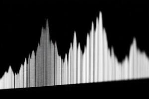A series of vertical bars rise and fall to represent sound frequencies on a dark background. photo